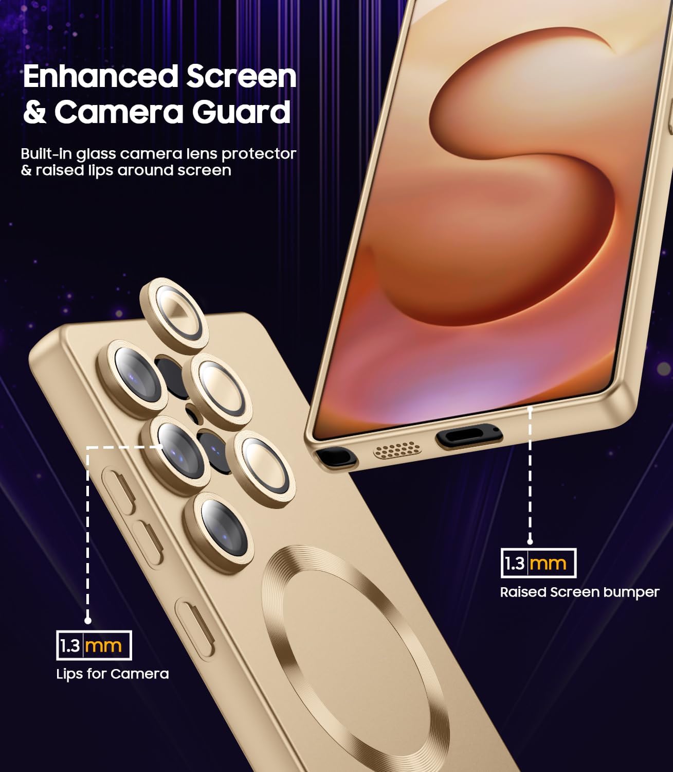 Magnetic for Samsung Galaxy S25 Ultra Case [Compatible with MagSafe][Built-in Camera Lens Protector] Slim Soft Silicone Bumper Shockproof Metallic Luster Phone Shell (Gold)