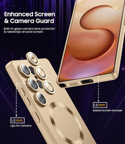 Magnetic for Samsung Galaxy S25 Ultra Case [Compatible with MagSafe][Built-in Camera Lens Protector] Slim Soft Silicone Bumper Shockproof Metallic Luster Phone Shell (Gold)
