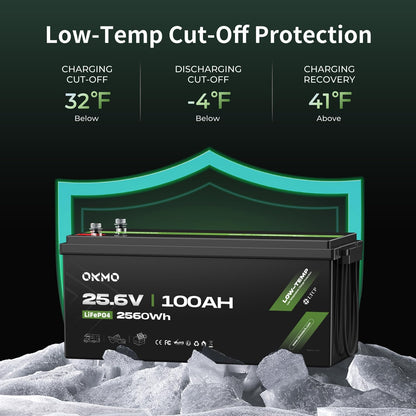 OKMO 24V 100Ah LiFePO4 Lithium Battery for Marine, Trolling Motor, RV, with Low Temperature Protection, 10 Years 15000+ Deep Cycles, 25.6V Iron Phosphate for Home Solar Energy Storage Off-Grid
