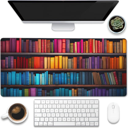 Large Gaming Mouse Pad for Desk,Bookshelves Full of Books Desk Mat,Colorful Books Desk Pad,Extended Big Computer Keyboard Mouse Pad with Non-Slip Base and Stitched Edge,35.4"x15.7"