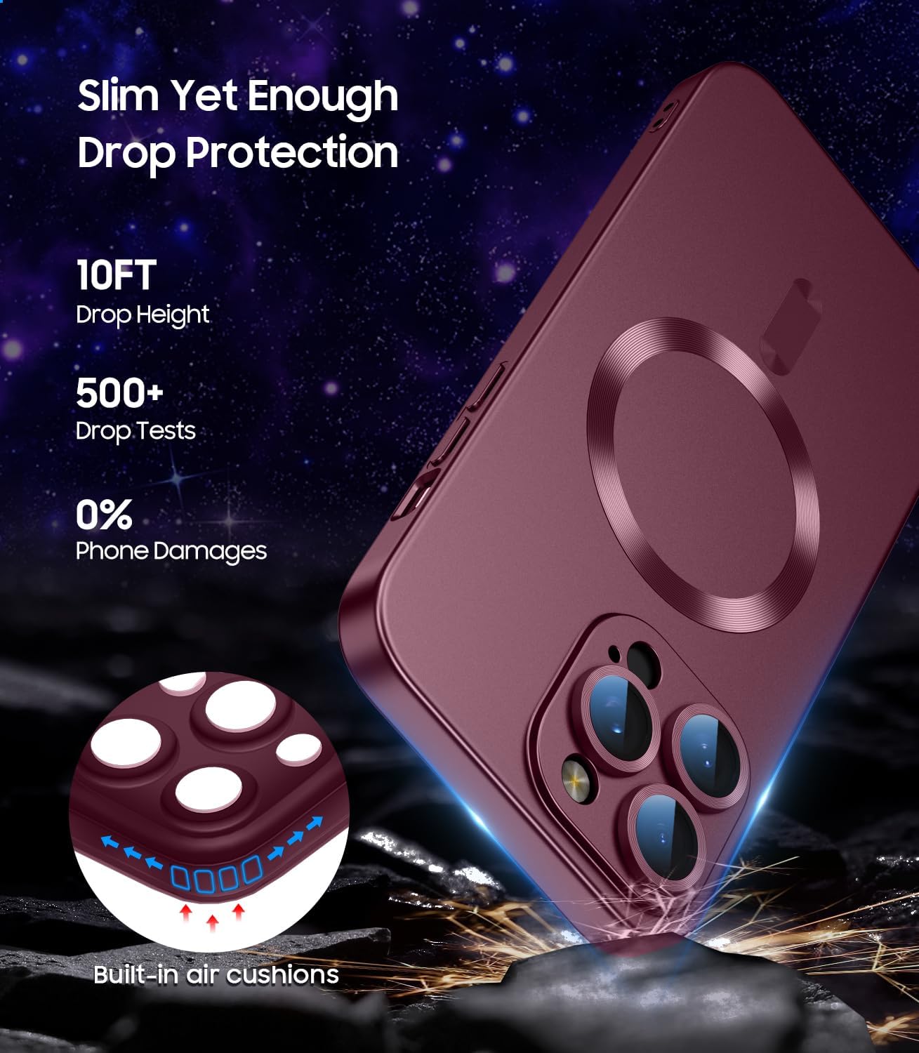Magnetic for iPhone 14 Pro Max Case [Compatible with MagSafe][Built-in Camera Lens Protector] Slim Soft TPU Bumper Shockproof Metallic Luster Phone Case (Burgundy)