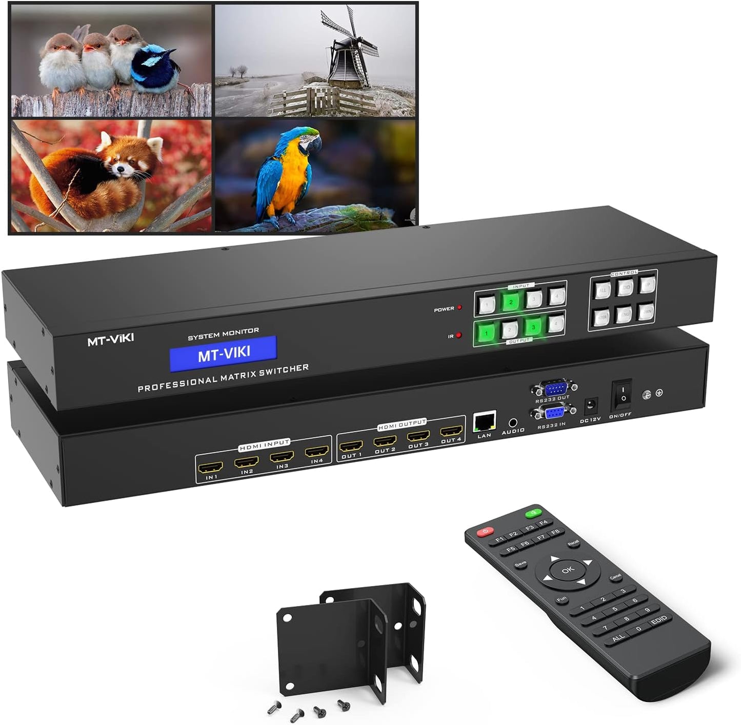 MT-VIKI 4K HDMI Matrix Switch 4x4 with 3.5mm Stereo Audio Extractor +Web GUI, Rack Mount Switcher & Splitter, 4K@30Hz, EDID, RS232, LAN Port, APP (4 in 4 Out)