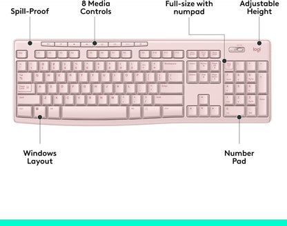 Logitech K270 Wireless Keyboard for Windows, 2.4 GHz Wireless, Full-Size, Number Pad, 8 Multimedia Keys, 2-Year Battery Life, Compatible with PC, Laptop - Rose