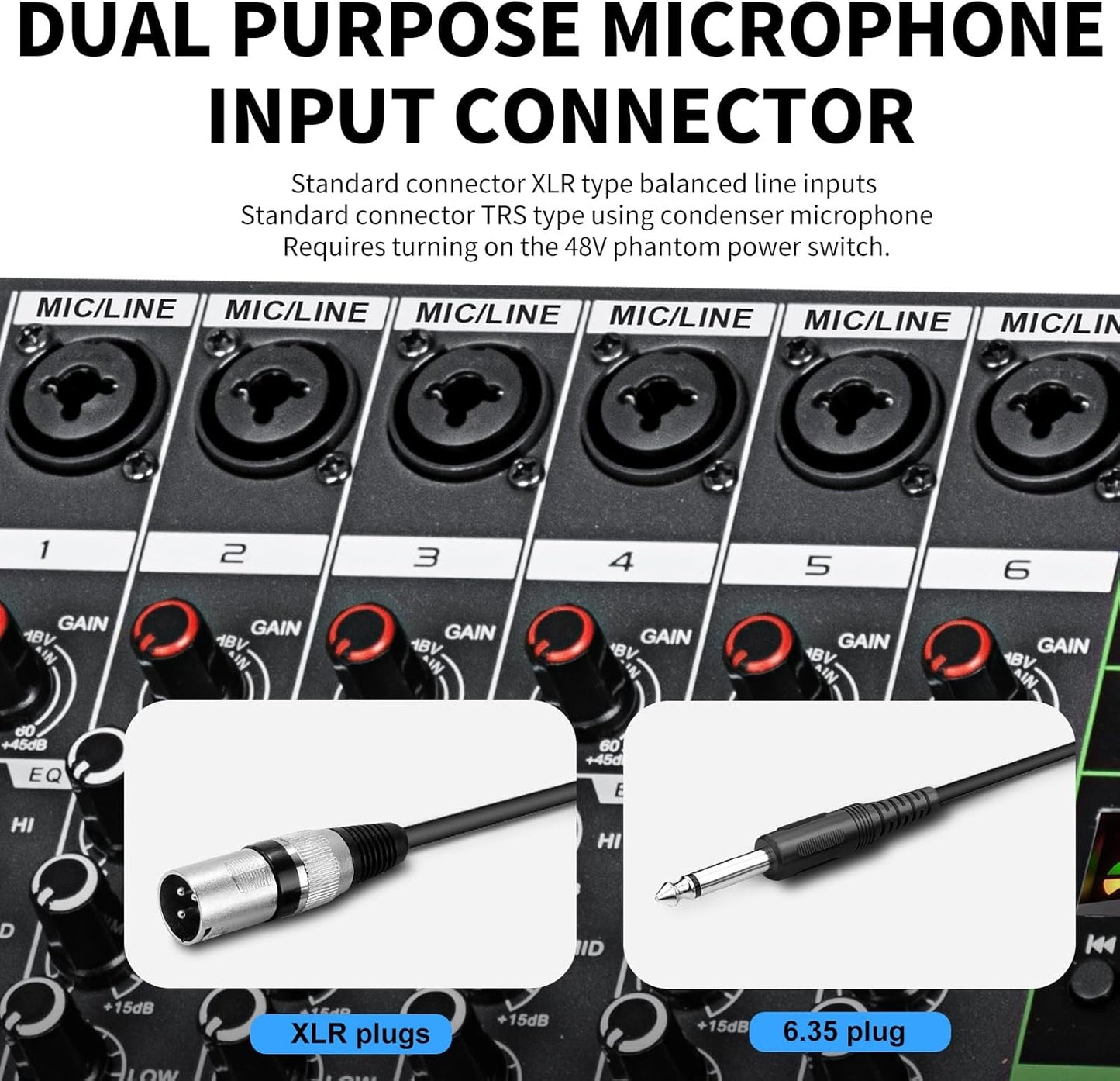 Depusheng MX6 6 Channel Sound Mixer Audio Mixing Console 48V 256DSP Professional USB PC Play Record Podcast Live Broadcast (US MX6)