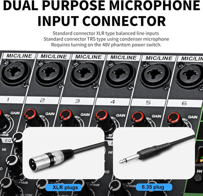 Depusheng MX6 6 Channel Sound Mixer Audio Mixing Console 48V 256DSP Professional USB PC Play Record Podcast Live Broadcast (US MX6)