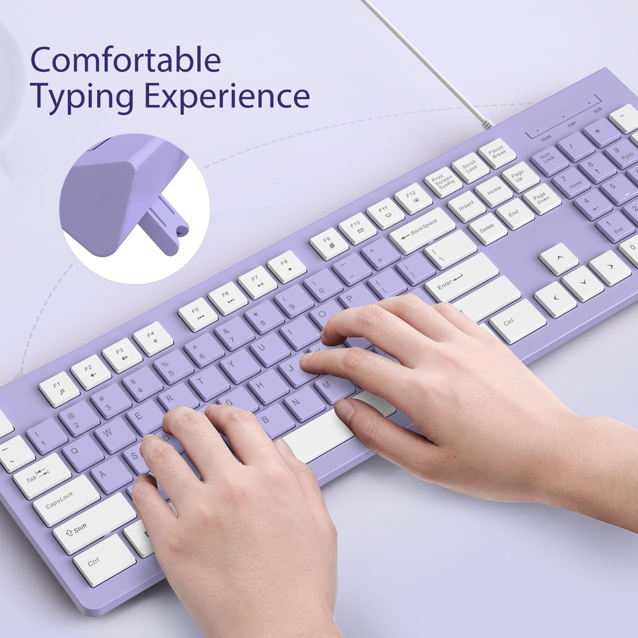 Computer Keyboard Wired, Plug Play USB Keyboard, Low Profile Chiclet Keys, Large Number Pad, Caps Indicators, Foldable Stands, Spill-Resistant, Anti-Wear Letters for PC Laptop (Purple, 1-Pack)