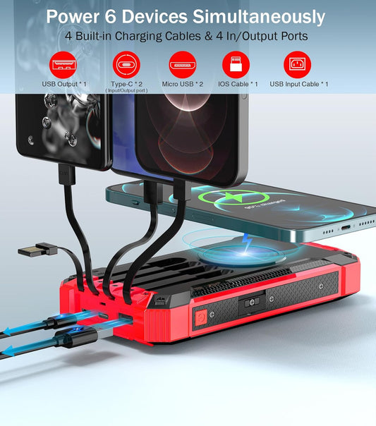 GOODaaa Power Bank Wireless Charger 36000mAh Built in 4 Cables Six Outputs 15W Fast Charging Power Bank for All Mobile Devices Three Inputs Solar Portable Charger with Dual Flashlights, Carabiner