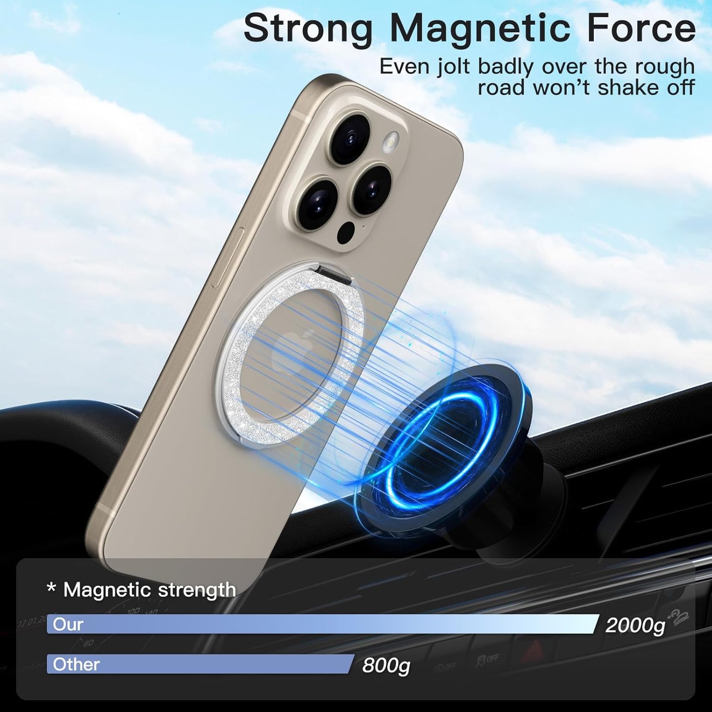 COOLQO 2Pcs 360 Spin Cell Grip Ring Phone Stand [Upgrade Gear Hinge Stress Relief] Magnetic Holders for Your car Accessories Desk Mount Compatible with iPhone All Smartphone, Glitter Silver