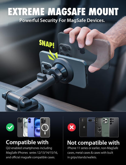 Bracketron MagSafe Car Mount,MagAlign Pro Extend Magnetic Phone Holder for Car Windshield & Dashboard & Vent,360° Vacuum Suction Cup Phone Mount for iPhone 16 Pro Max 15 14 13 12,Car Accessories.