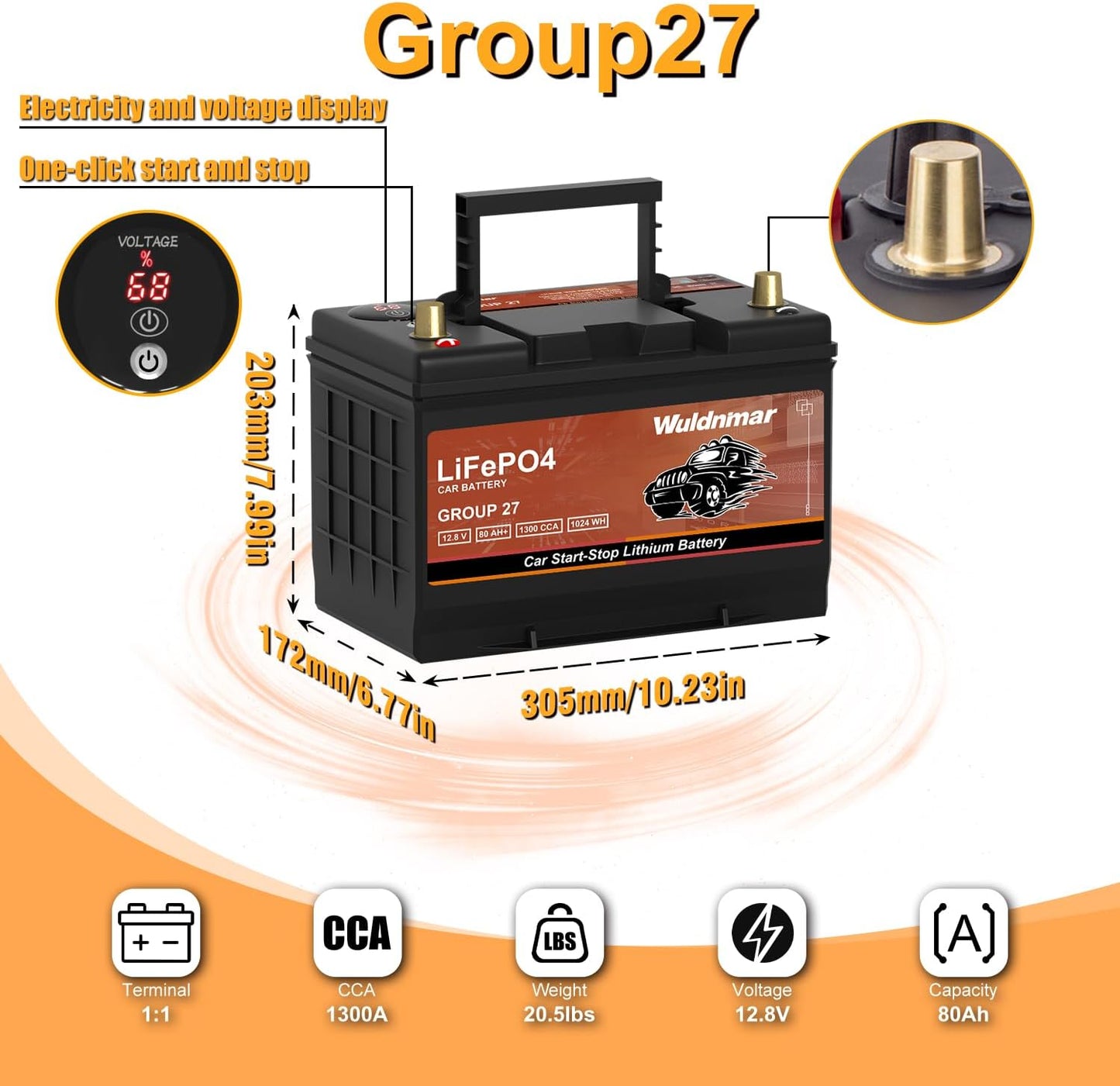 G27 80AH Lithium Car Battery for Start-Stop - 12V, No Acid, Quick Recharge, Long-Lasting Performance