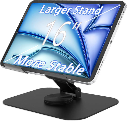 Larger Metal Tablet Stand, Adjustable 360° Rotation Tablet Holder Compatible with 4-16" Tablet Such as iPad Pro, iPad Air, iPad Mini, Tab S10 Ultra, Black