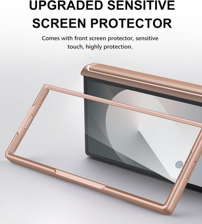 for Samsung Galaxy Z Fold 6 Case with Card Holder & Hinge Protection & Screen Protector, Built-in Camera Lens Cover, Rugged Shockproof Phone Cover Case for Samsung Z Fold 6 5G 2024, Rose Gold