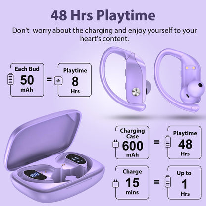 bmanl Wireless Earbuds Bluetooth Headphones 48hrs Play Back Sport Earphones with LED Display Over-Ear Buds with Earhooks Built-in Mic Headset for Workout Purple