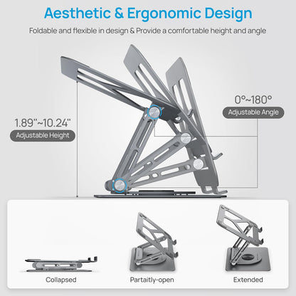 Adjustable Laptop Stand with 360 Rotating Base & USB Docking Station for MacBookPro/Air/Dell/HP/Lenovo, Portable Ergonomic Laptop Riser for Desk with USB Hub 100W PD/4K HDMI/Usb3.0/1000Mbps Ethernet