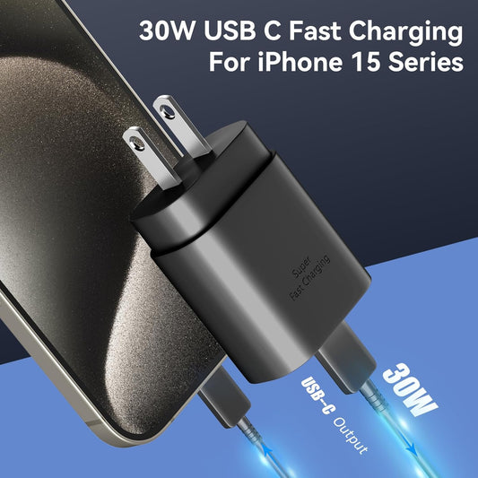 30W USB C Phone 15 Charger Fast Charging Block for iPhone 15/15 Pro Max/15 Pro/15 Plus/Samsung Galaxy S23 Ultra/S23/S23+/S22/S22 Ultra/S22+/S21 Ultra/S20 Ultra/Note 20 & 6.6Ft USB C Charger Cable