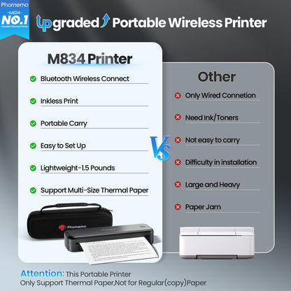 Phomemo Portable Printers Wireless for Travel Upgraded, M834 Bluetooth Thermal Printer 8.5" x 11"& A4 Size,Inkless Mobile Printer with Carry Case for Travel,Office,School,Car,Home,Black