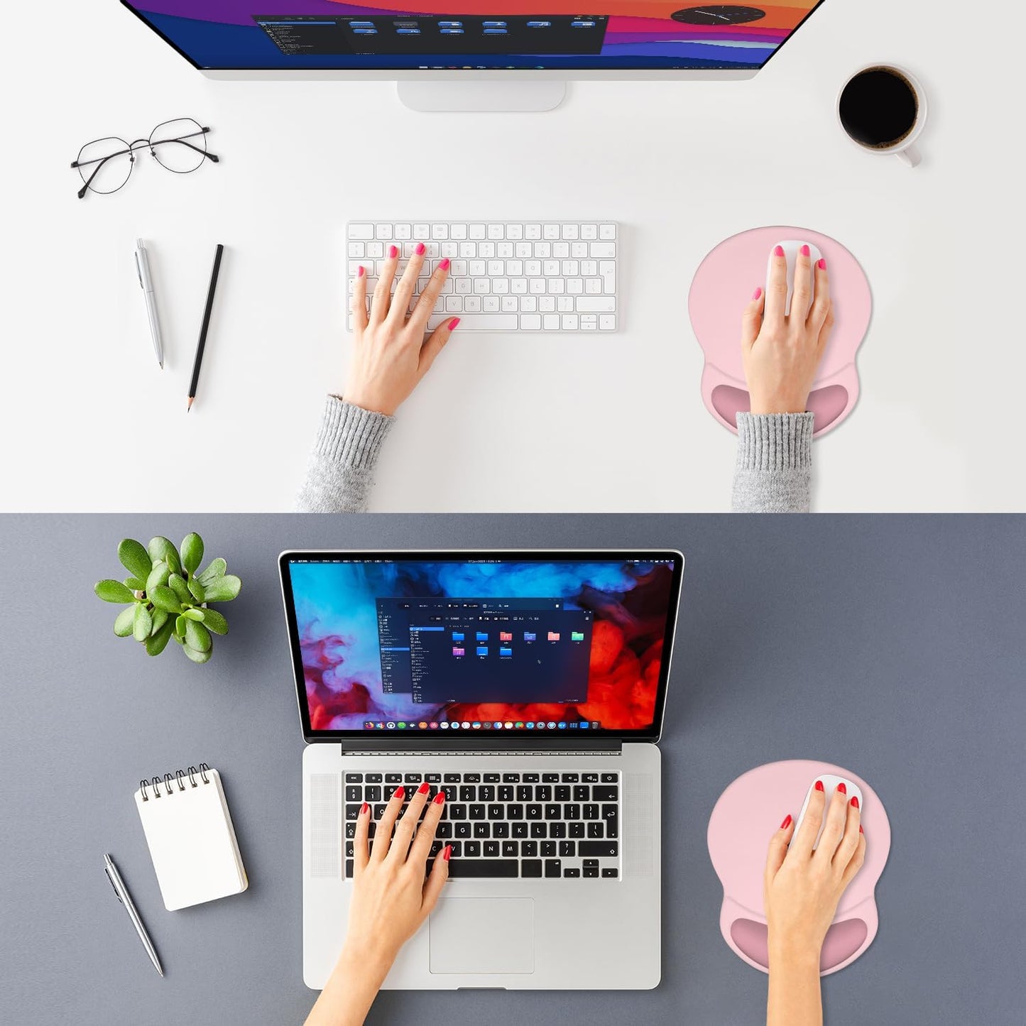 ITNRSIIET Ergonomic Mouse Pad with Comfort Gel Wrist Rest, Non-Slip PU Base, Smooth Textured Surface, Reduces Hand Fatigue & Wrist Pain, 8.7 x 7.2 Inch for Office Gaming Home, Pink Accent