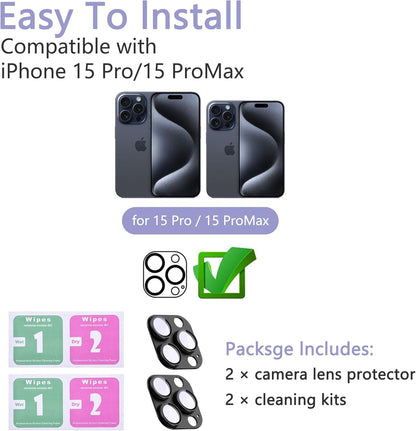 2 Pack Camera Lens Protector for iPhone 15 Pro/iPhone 15 Pro Max,[Not Easy to Breakn ] AR Tempered Glass Strong Adsorption Metal Camera Cover Screen-Black