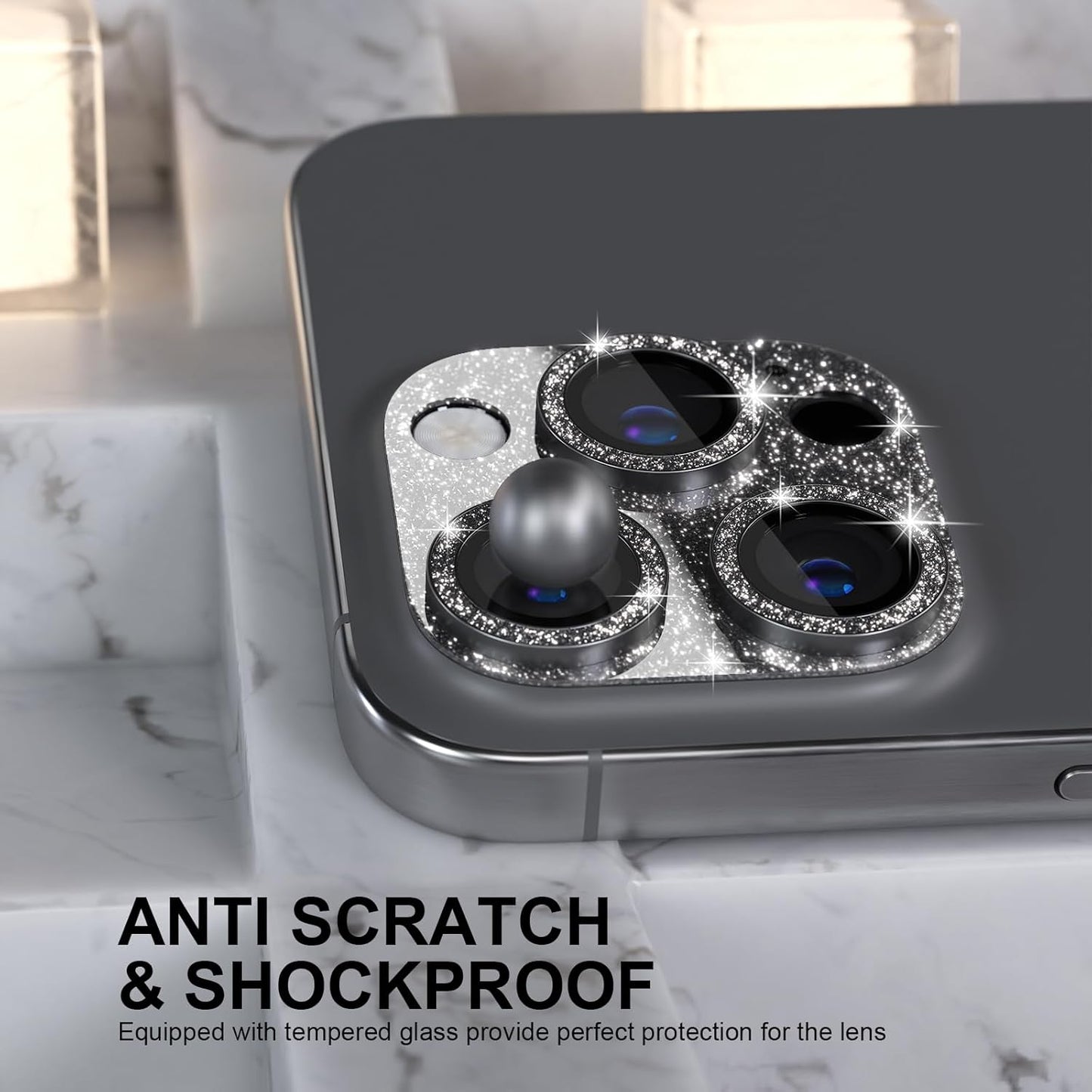 Choiche Compatible for iPhone 16 Pro/iPhone 16 Pro Max Camera Lens Protector, Bling Camera Cover with 9H Tempered Glass Lens Screen Protector Metal Ring Decoration Accessories (Glitter-Black)