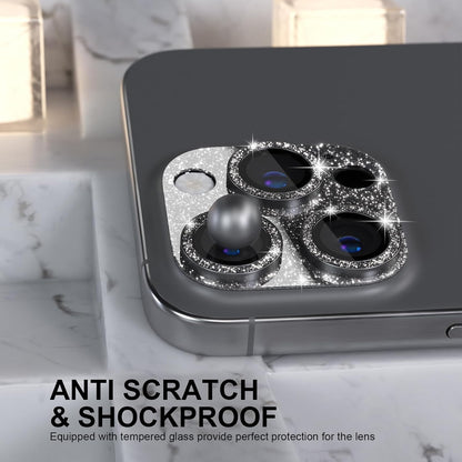 Choiche Compatible for iPhone 16 Pro/iPhone 16 Pro Max Camera Lens Protector, Bling Camera Cover with 9H Tempered Glass Lens Screen Protector Metal Ring Decoration Accessories (Glitter-Black)