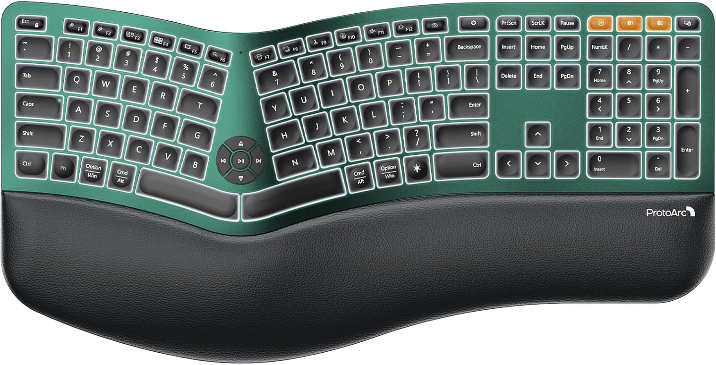 ProtoArc Backlit Bluetooth Ergonomic Keyboard, EK01 Plus Full Size Wireless Split Keyboard with Dual Bluetooth and USB, Cushioned Wrist Rest, Rechargeable, Compatible with Windows/Mac/Android, Green