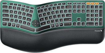 ProtoArc Backlit Bluetooth Ergonomic Keyboard, EK01 Plus Full Size Wireless Split Keyboard with Dual Bluetooth and USB, Cushioned Wrist Rest, Rechargeable, Compatible with Windows/Mac/Android, Green