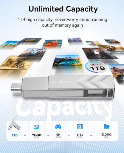 ORICO 1TB Portable Solid State Drive, 1050MB/s Dual-Port Rotating Metal External SSD with 90° Click-Stop, Reliable Storage for iPhone 16, 15 Series, Type-C Smartphone, Mac, Audio, Vehicle - A101