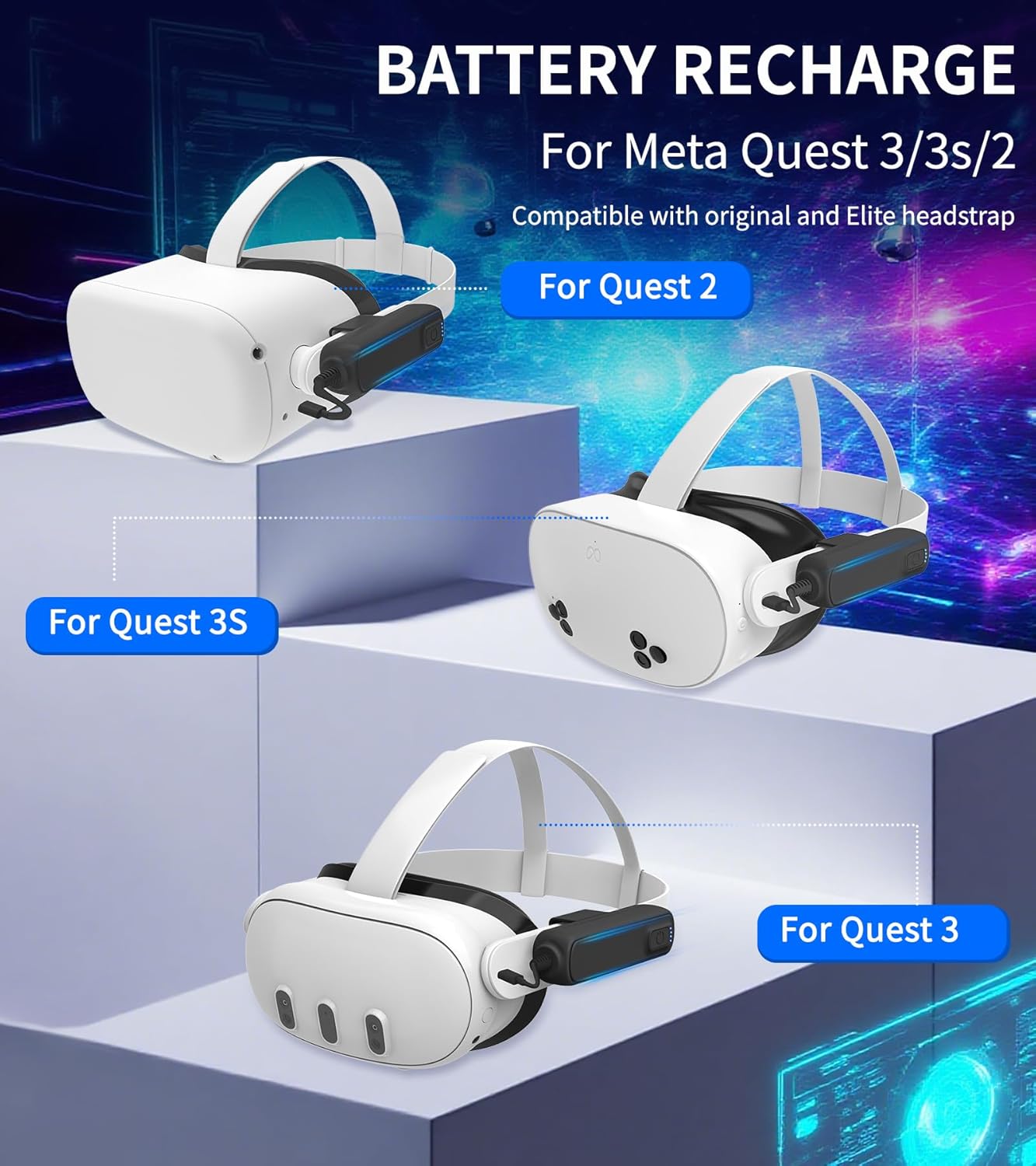 Battery Pack for Meta/Oculus Quest 3S/3/2,5000mAh Battery VR Charger, Extend 2-4 Hours Playtime, Lightweight Fast Charging VR Headset Safe Power Bank for Meta Quest 3S/3/2 Accessories
