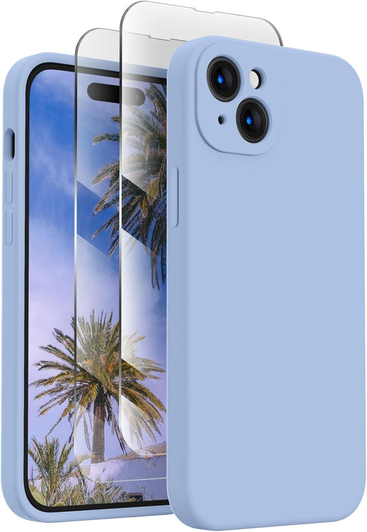 FireNova Designed for iPhone 15 Case, Silicone Upgraded [Camera Protection] Phone Case with [2 Screen Protectors], Soft Anti-Scratch Microfiber Lining Inside, 6.1 inch, Light Blue