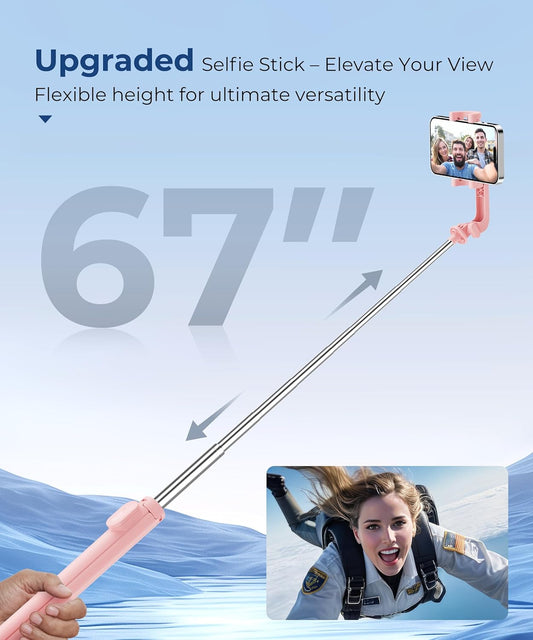 67‘’ Selfie Stick Tripod, Phone Tripod with Wireless Remote Control, Portable Selfie Stick for Photograph, Live Streaming, Video Recording, Compatible with All Cell Phones, Pink