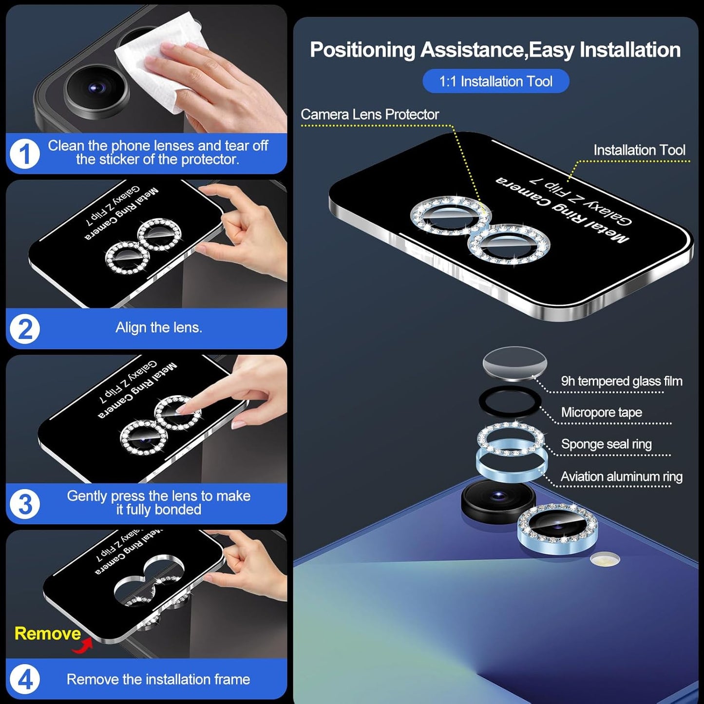 for Samsung Galaxy Z Flip 7 Camera Lens Protector, Individual Metal Ring Tempered Glass Lens Cover, [Strong Adsorption] Scratch Resistant Ultra-Thin HD Clear Lens Cover, 1 Set-Blue Diamond