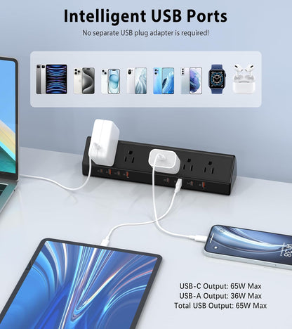 Desk Clamp Power Strip 65W Fast Charging Station,4 PD USB-C,5 Outlets,Nightstand Desk Edge Mount Tower Surge Protector,15 Amp Heavy Duty Power Strip,Fits 1.96" Tabletop Edge (Black, 6 FT Cable)