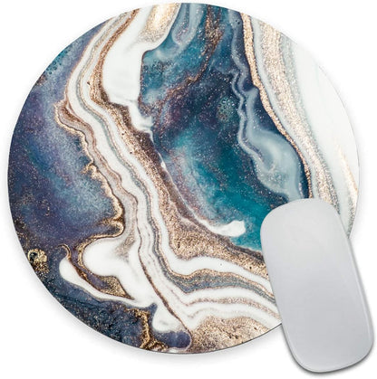 Blue Gold Marble Mouse Pad - Premium Textured Round Washable Mousepad with Lycra Cloth and Non-Slip Rubber Base for Wireless Mouse