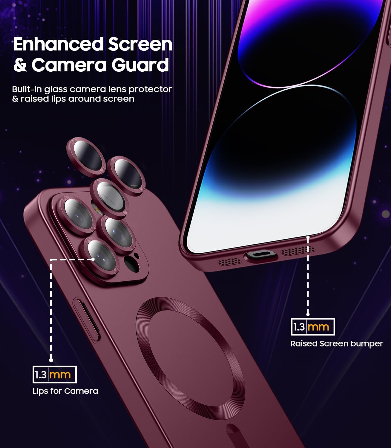 Magnetic for iPhone 14 Pro Max Case [Compatible with MagSafe][Built-in Camera Lens Protector] Slim Soft TPU Bumper Shockproof Metallic Luster Phone Case (Burgundy)