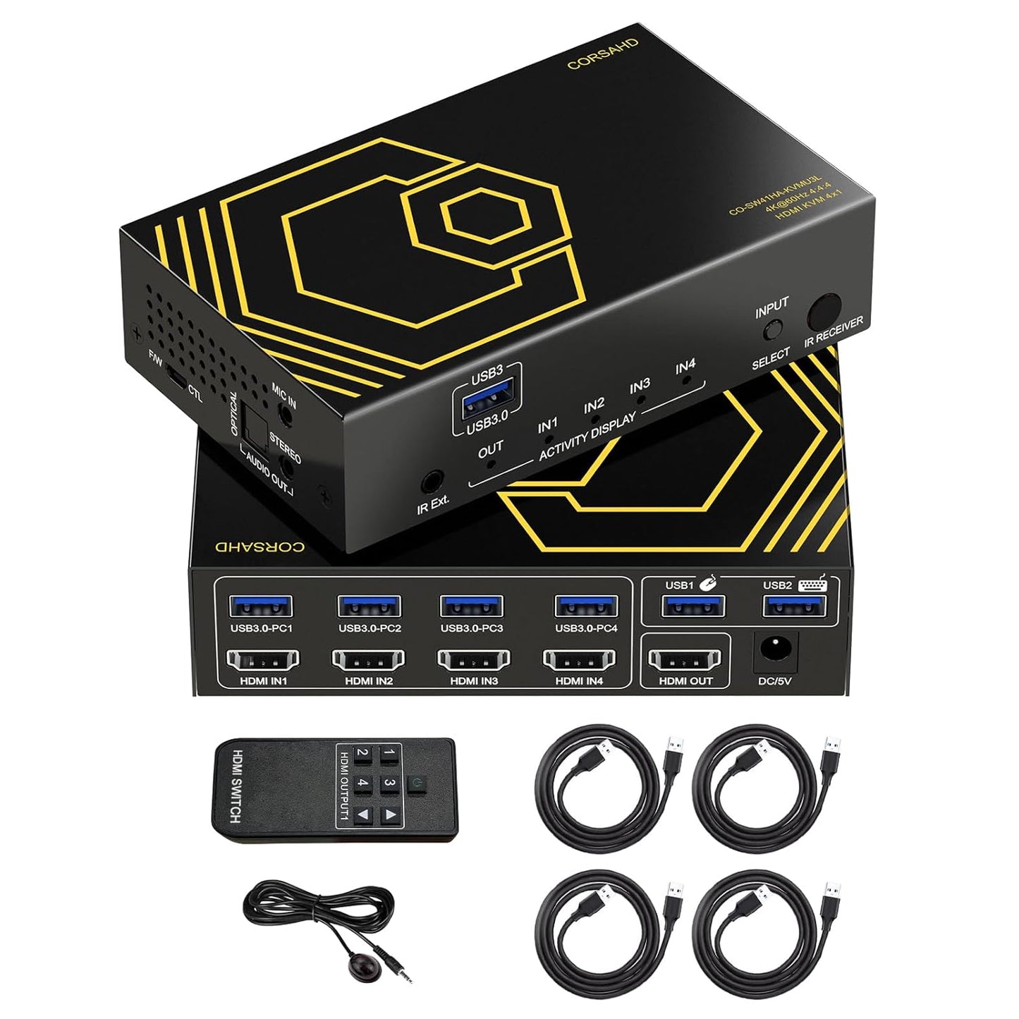 4K@60Hz HDMI KVM Switch USB3.0 4 Computers 1 Monitors HDMI 4 Port KVM Switches for 4 PC Share 1 Monitor and 4 USB 3.0 Devices SPDIF L/R Mic Audio with IR Remote Control and 4xUSB 3.0 Cables