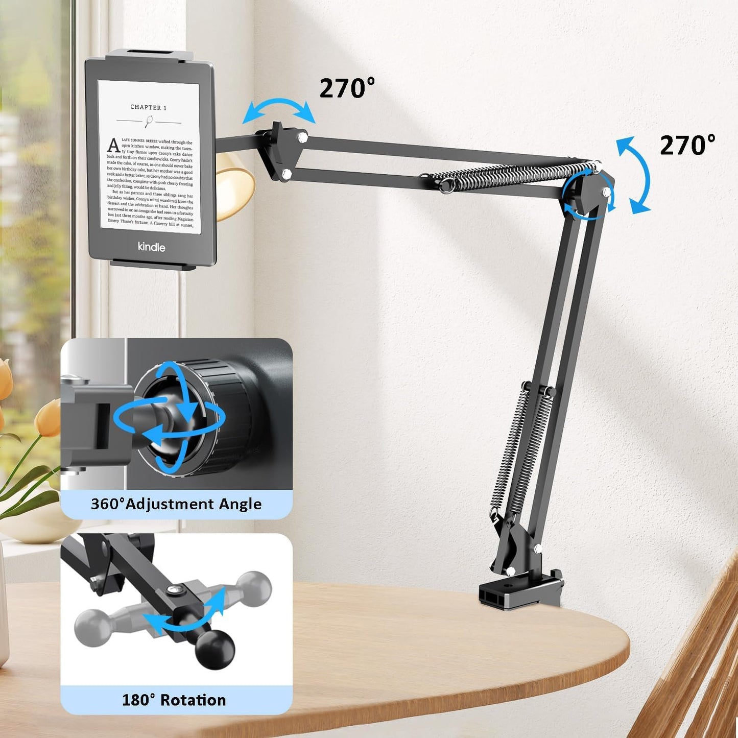 Metal Tablet Holder for Kindle Reading in Bed, Easy Adjust Hands Free Lazy Arm Mount for Kindle Accessories, Gifts for Readers