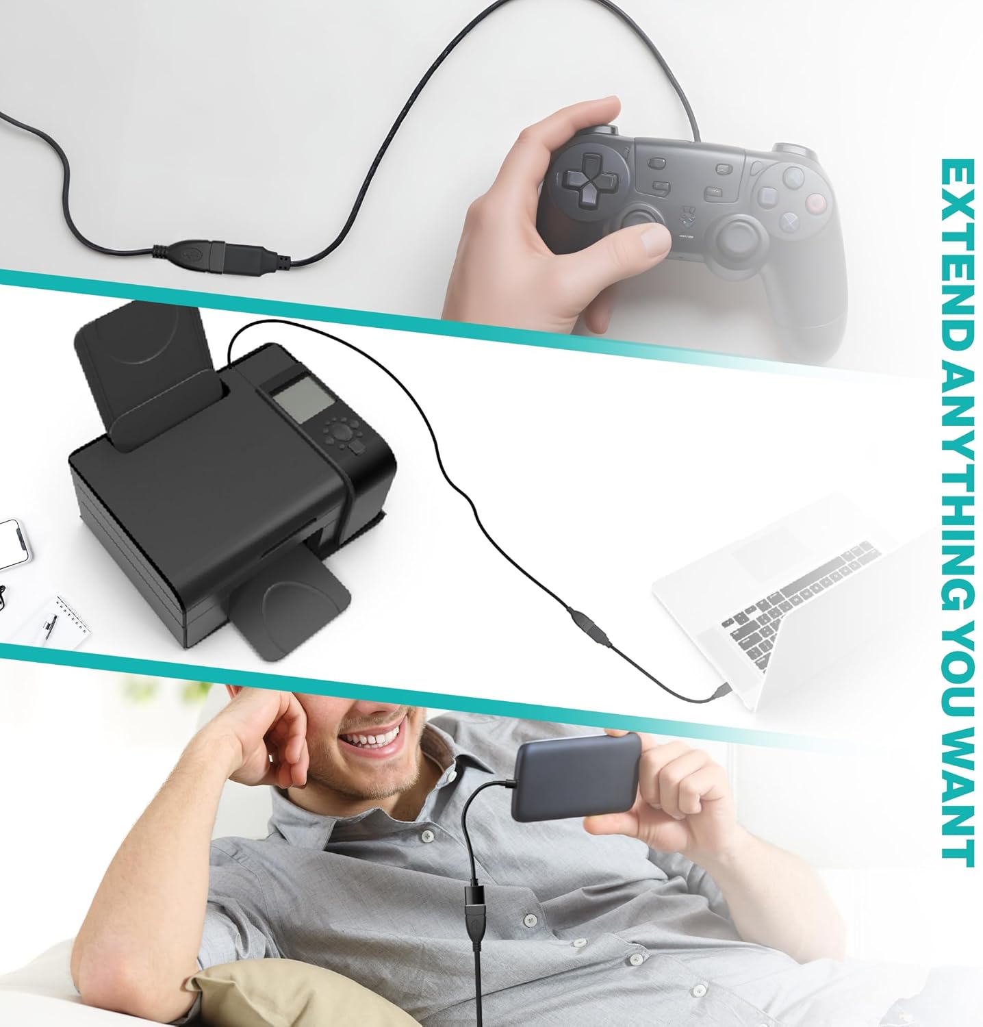 Long USB Extension Cable 10FT - Male to Female Data Transfer Adapter and Charging for Laptop, PlayStation, Xbox, Flash Drive - Black