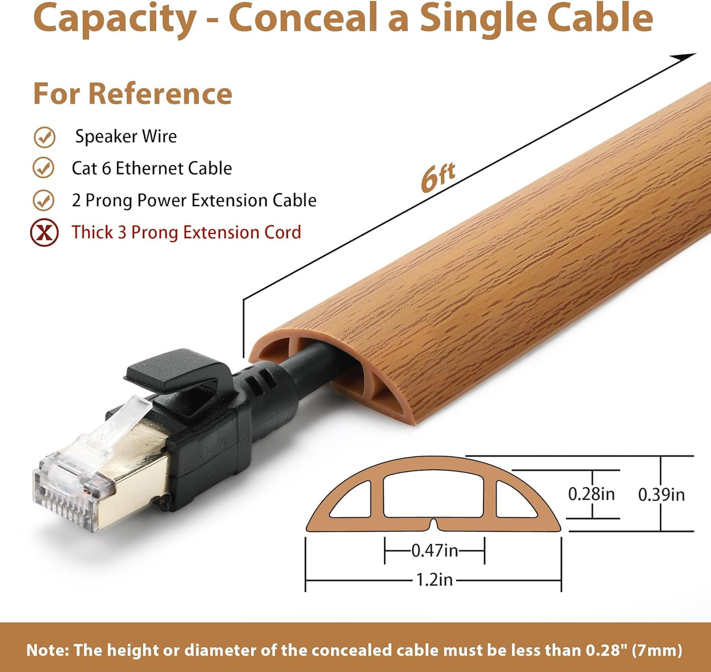 Floor Cord Cover 6ft, Cord Hider Floor Yellow Oak Wood, Floor Cable Management Prevent Cable Trips, Floor Cable Cover Wire Covers for Electric Power Cords, Cord Protector Cord Cavity W0.47in x H0.28in