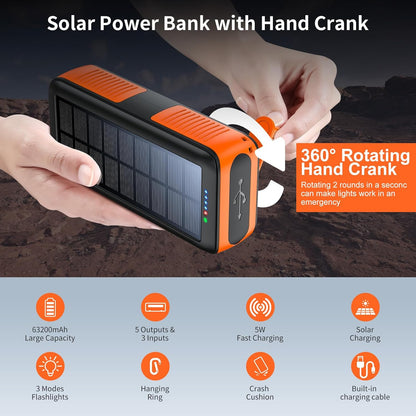 Solar Charger Power Bank 63200mAh, Portable Charger with Dual Outputs & Dual Inputs 4 LEDs Flashlight, Hand Crank Power Bank Fast Charging Battery Pack for Outdoor Camping Survival Gear
