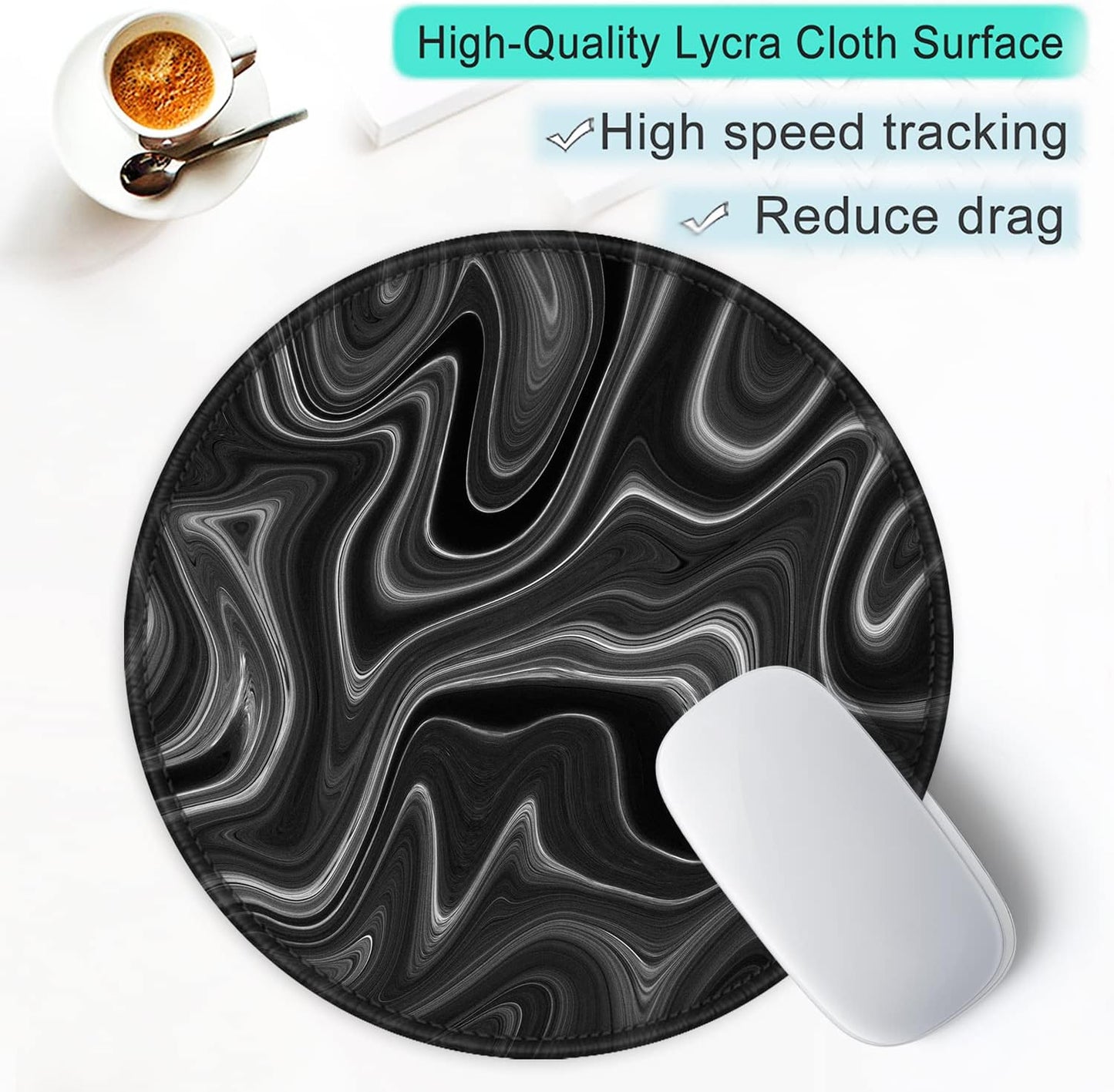 ITNRSIIET Round Mouse Pad with Stitched Edge Premium-Textured Waterproof Non-Slip Rubber Base Desktop Protection Mat Diameter 8.7 inches, Abstract Black and White