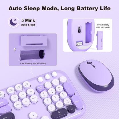 KNOWSQT Wireless Keyboard and Mouse Combo - Lovely Violet Rainbow Full-Sized Typewriter Colorful Keyboards, Round Keycap USB Plug Play Retro Cute Keyboards for Windows, Laptop, PC, Desktop, Computer