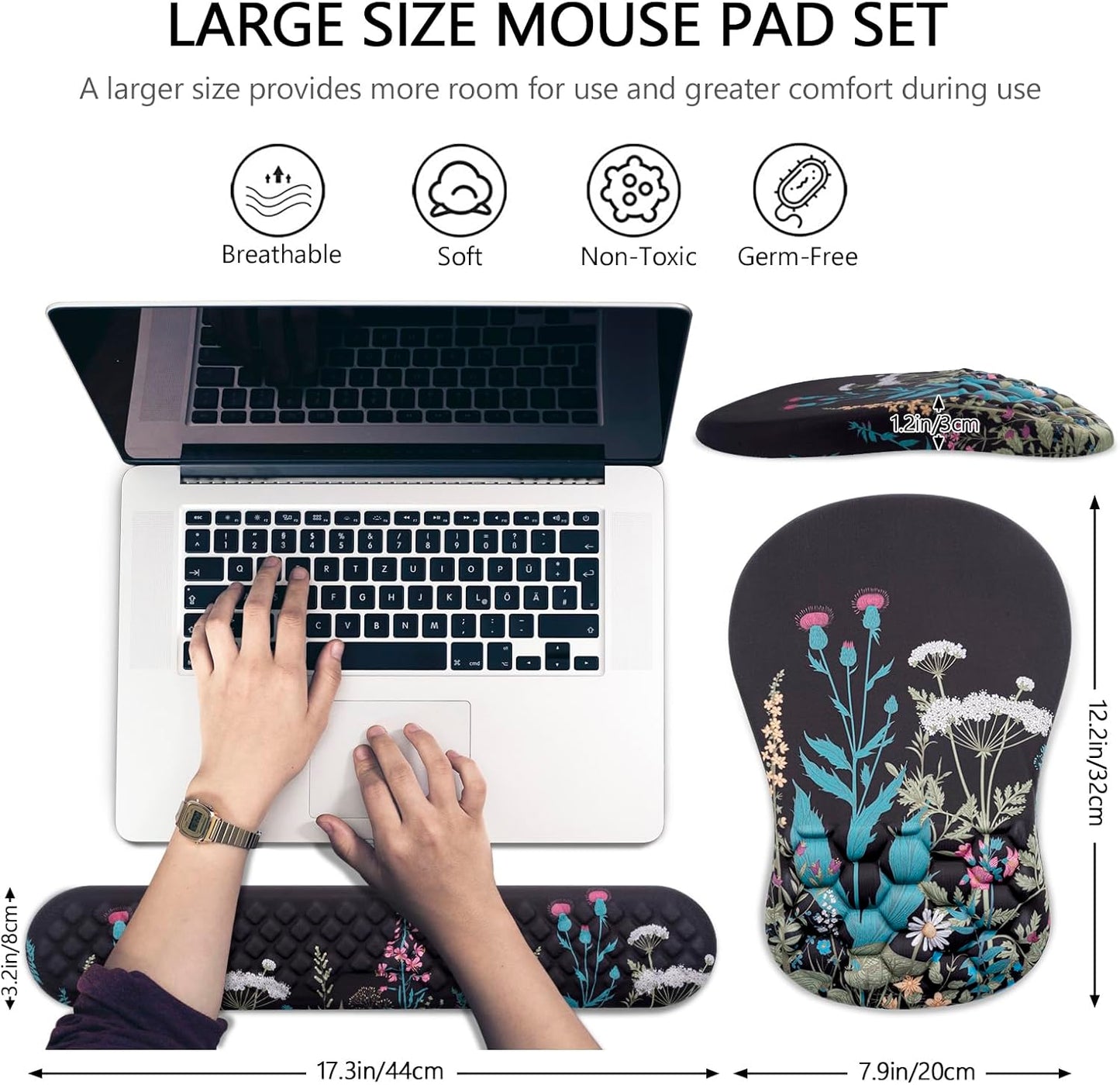 Mouse Pad Wrist Support, Laokiiy 2 in1 Keyboard Wrist Rest+ Ergonomic Mouse Pad, Non-Slip Wrist Rest for Computer Keyboard, Made Easy Typing & Relieve Wrist Pain(Flower)