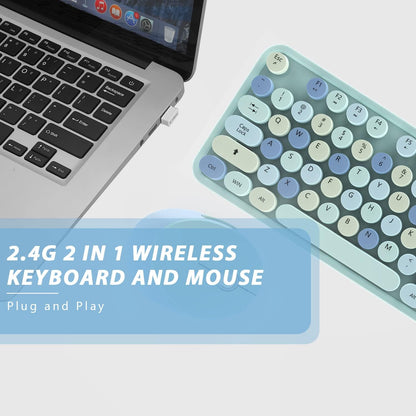 Wireless Keyboard and Mice Combo,Retro Round Keys Full-Sized Cute Keyboard, 2.4Ghz Dropout-Free Connection and Optical Mouse for Windows, Mac, PC, Laptop, Desktop (Blue-Colorful)