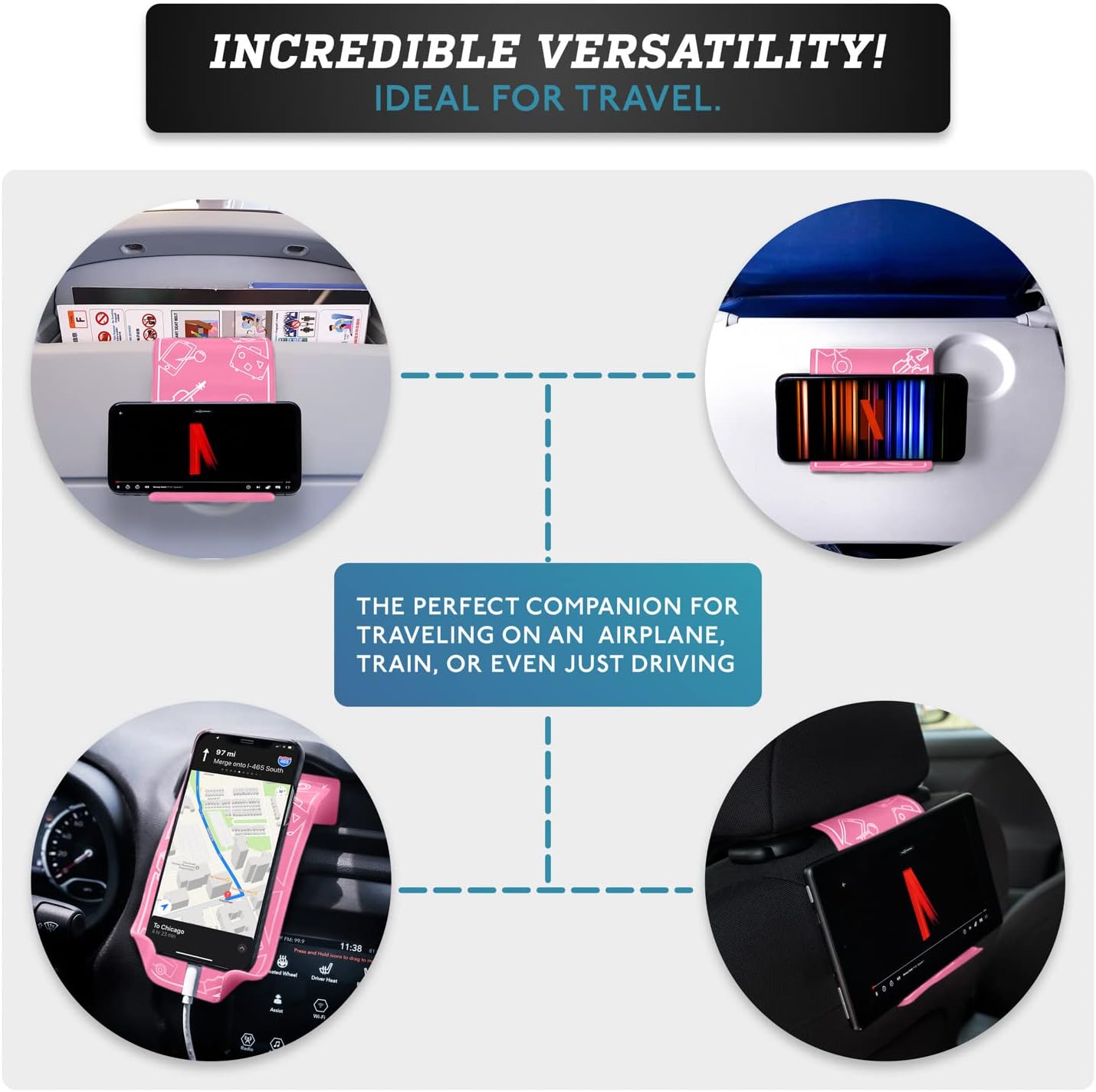 Airplane Travel Essentials for Flying Flex Flap Cell Phone Holder & Flexible Tablet Stand for Desk, Bed, Treadmill, Home & in-Flight Airplane Travel Accessories - Travel Must Haves Gadgets (Pro Pink)