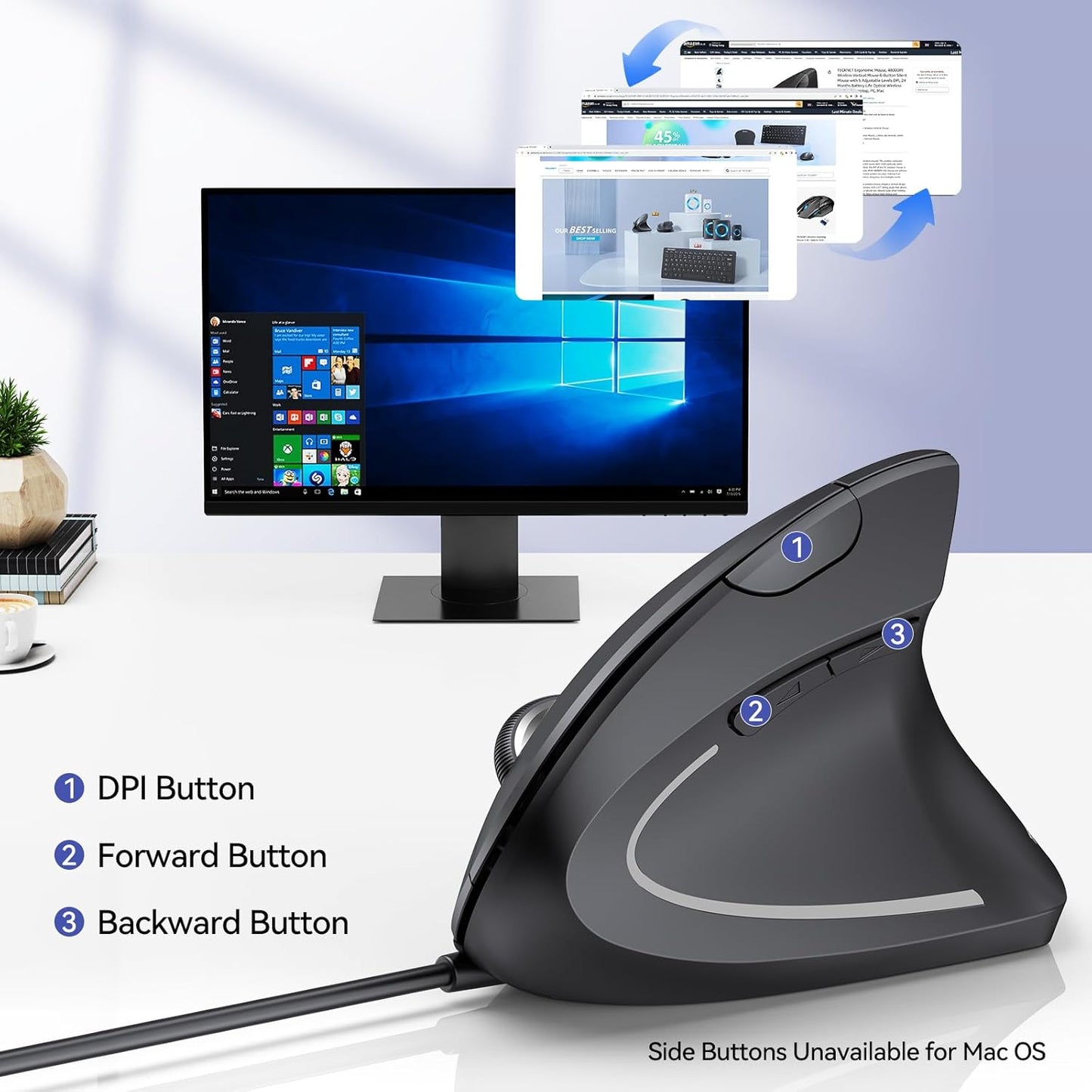 TECKNET Wired Mouse, 6400 DPI Ergonomic Mouse 6 Buttons Silent Mouse 4 Adjustable DPI Vertical Mouse Compatible with Windows/Chrome/Laptop/Computer