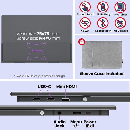 Portable Gaming Monitor 16 Inch QHD 2.5K 2560X1600 16:10 100 Hz 100% sRGB 10 Bit Travel Monitor for MacBook, Laptop, PC, Surface, Game Console, VESA Compatible, with Kickstand & Sleeve