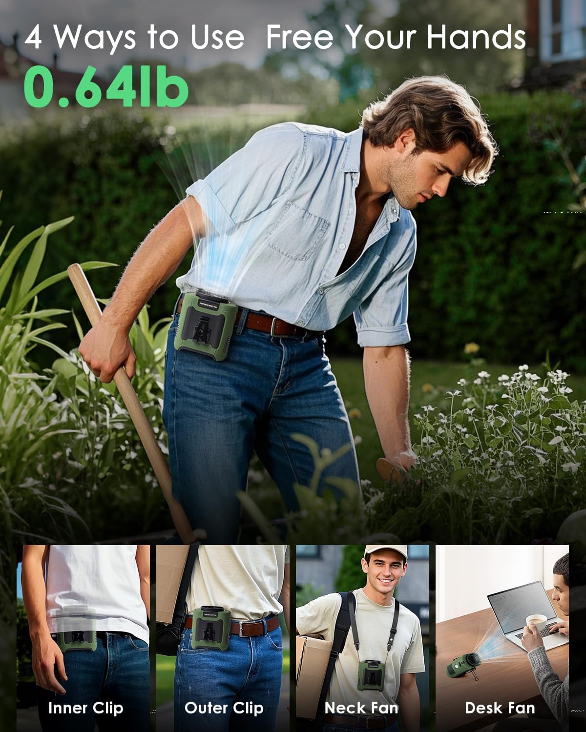 Portable Waist Fan Clip on, Personal Wearable Belt Fan 10000mAh Rechargeable Battery Under Shirt,5 Speeds with light, Neck Fan Hands-Free Cooling For Outdoor Camping Travel (Green)