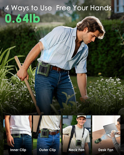 Portable Waist Fan Clip on, Personal Wearable Belt Fan 10000mAh Rechargeable Battery Under Shirt,5 Speeds with light, Neck Fan Hands-Free Cooling For Outdoor Camping Travel (Green)