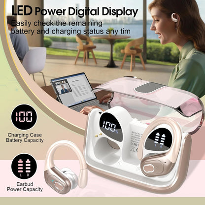 Wireless Earbuds 75hrs Bluetooth 5.4 Headphone Sport, 2025 Bluetooth Earbuds Stereo Deep Bass Over Ear Bud with Earhooks, ENC Noise Cancelling Mic, IPX7 Waterproof Earphone Rose Gold