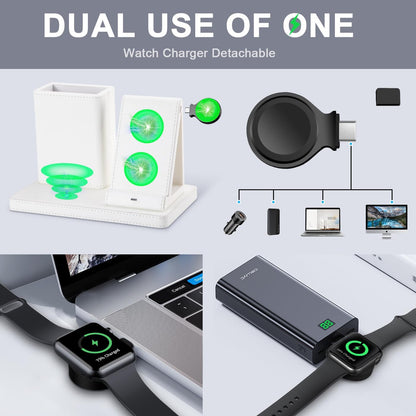 White Leather Pen Holder Desk Organizer with 3-in-1 Wireless Charger for Phone, Earbuds, Watch - Desktop Phone Stand,birthday gifts for women,mom gifts (white)